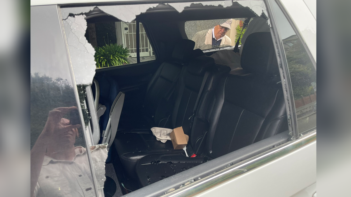Interior shot of Shelby Steele's damaged rental car