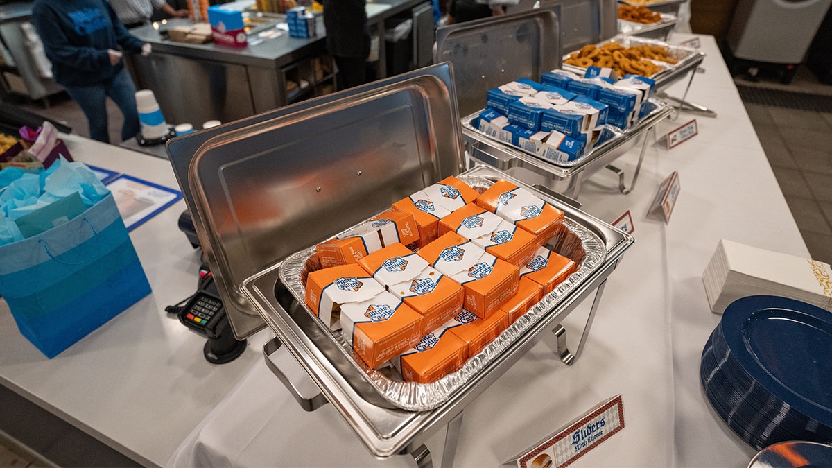 White Castle food served in catering pans.