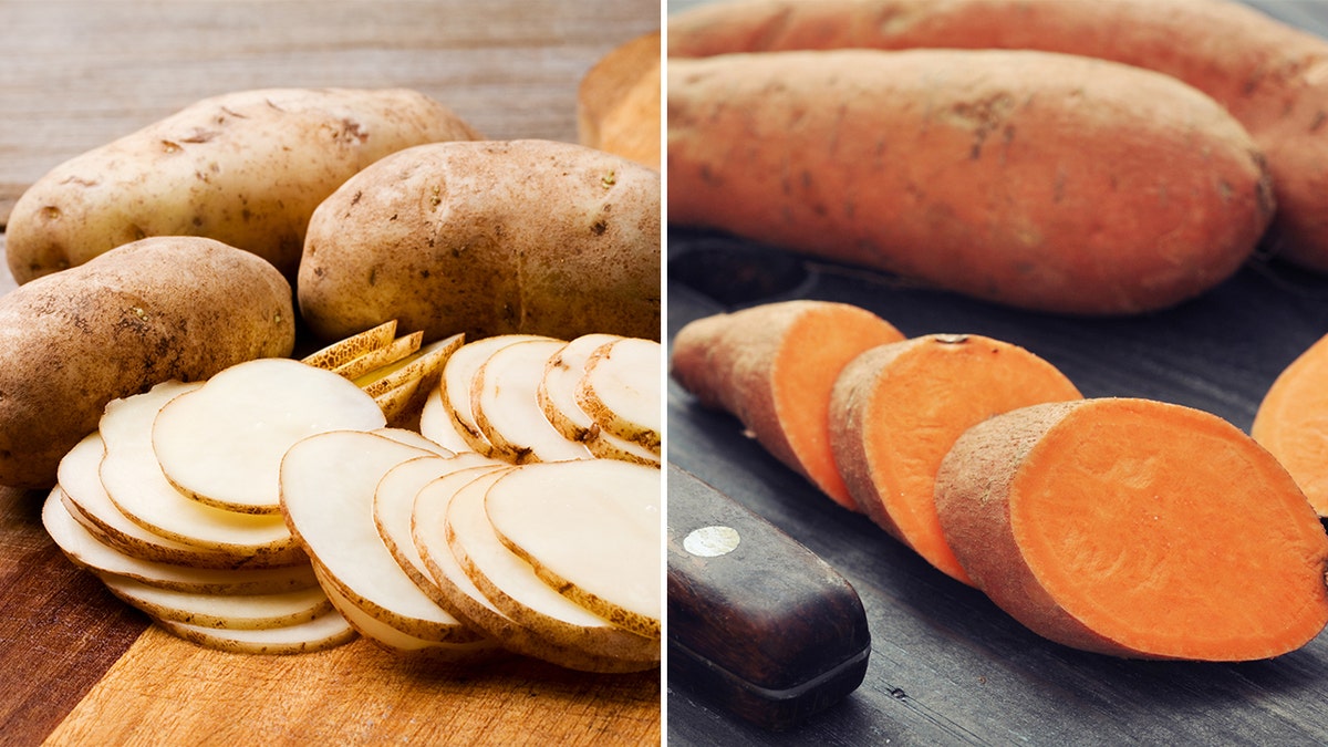 Sliced white potatoes (left). Sliced sweet potatoes (right).