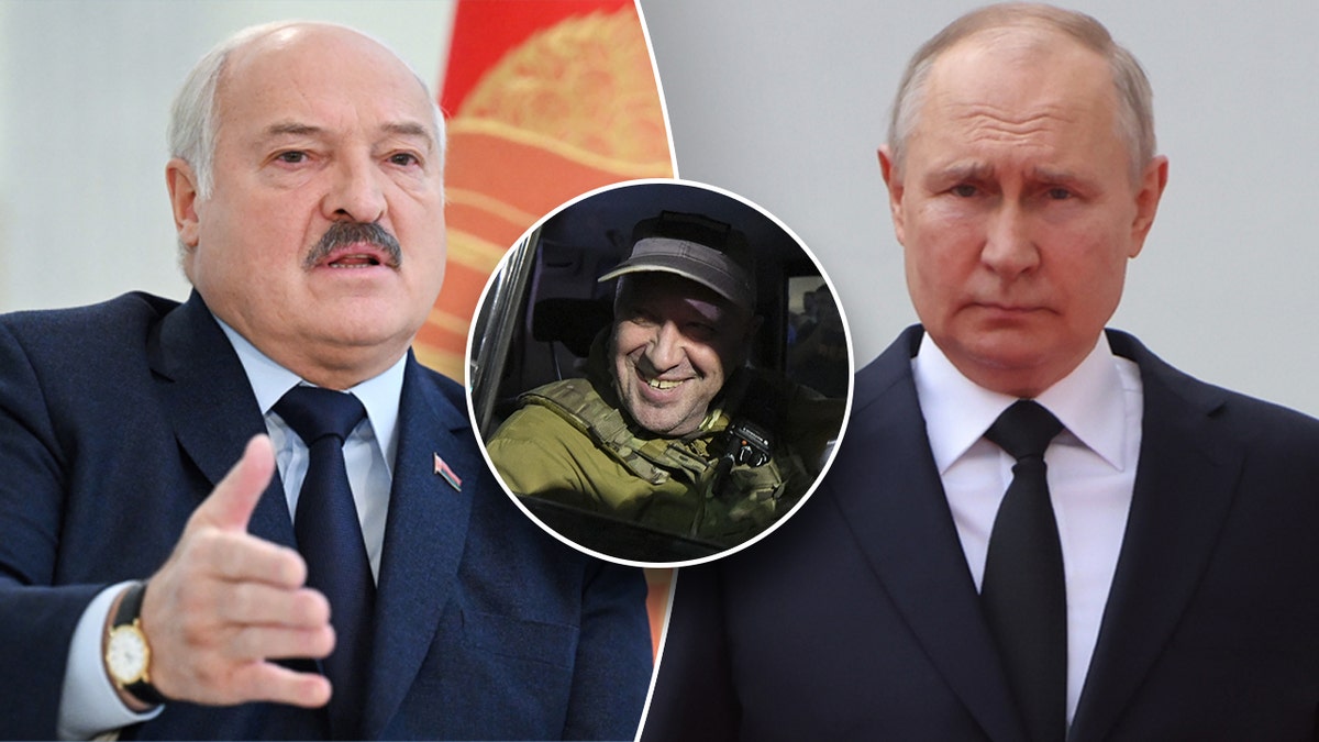 A split image shows Belarusian President Alexander Lukashenko, Wagner Group leader Yevgeny Prigozhin, and Russian President Vladimir Putin