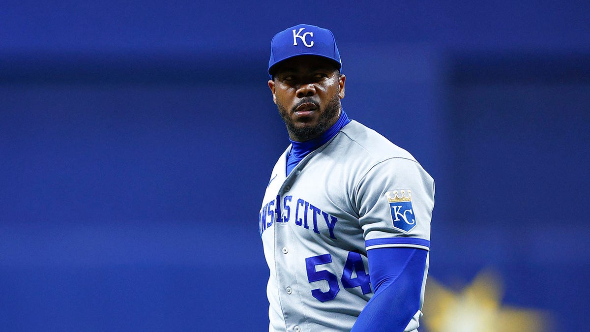 Aroldis Chapman of the Kansas City Royals throws a pitch in the News  Photo - Getty Images