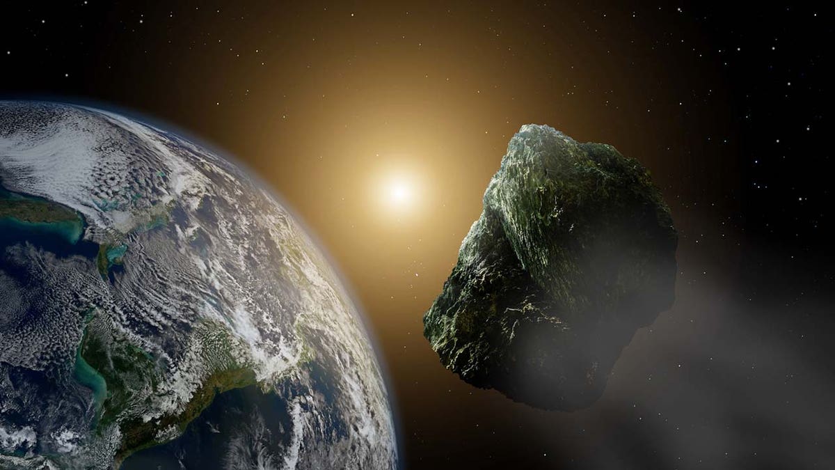 artist rendering of asteroid passing Earth