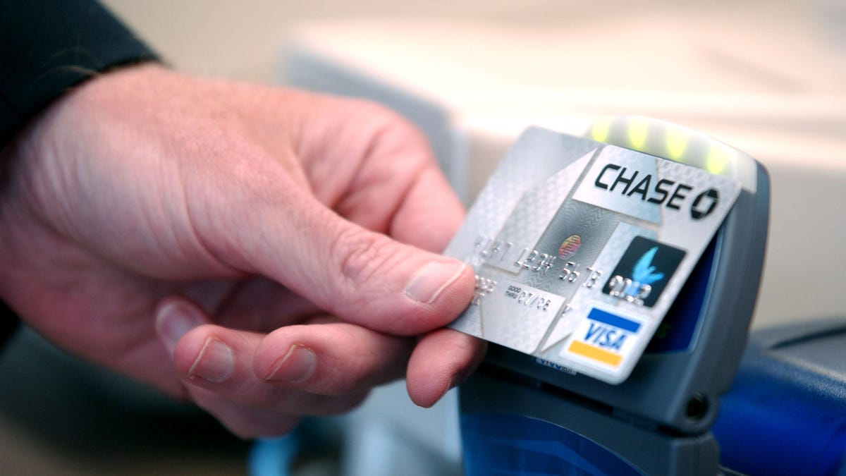 Chase Bank credit card with "blink" technology is displayed during a press conference at an Arby's restaurant on June 8, 2005 in Denver, Colo.