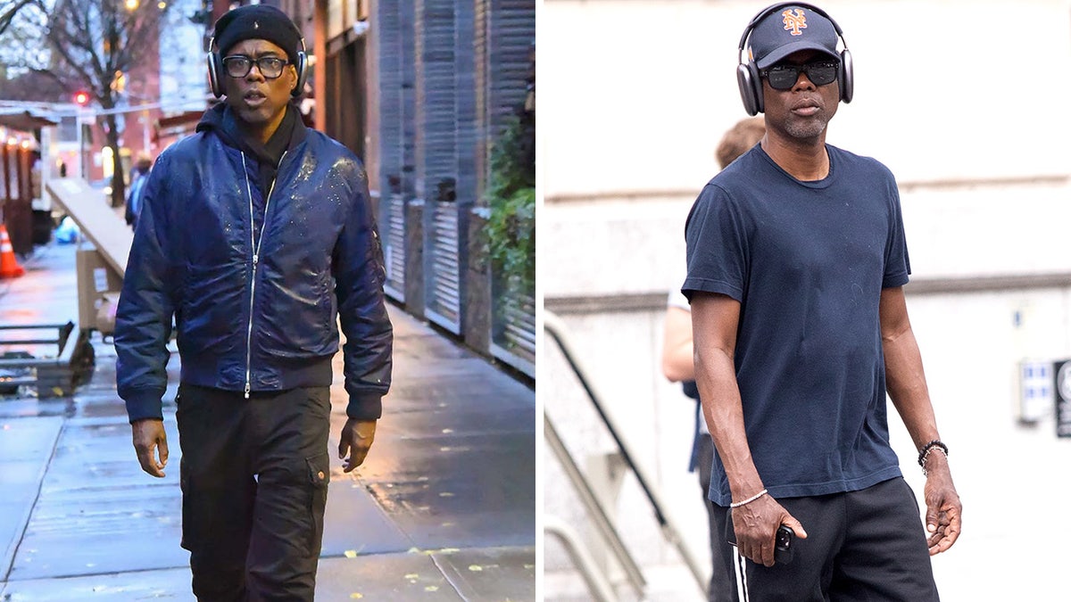 Chris Rock wears black slacks and a blue top with headphones over his ears while walking around New York