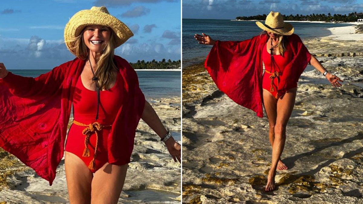 Christie Brinkley in a red bathing suit in Turks and Caicos