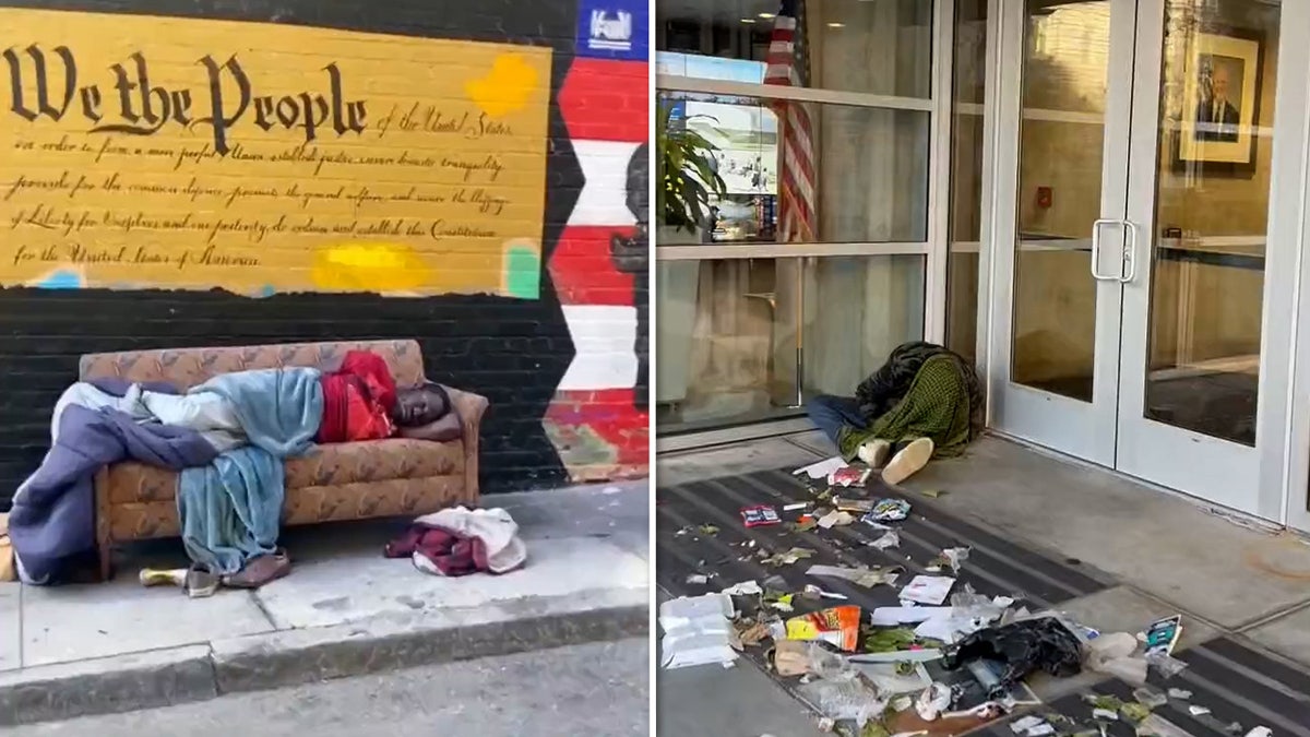 Two photos show people sleeping outside in San Francisco, California
