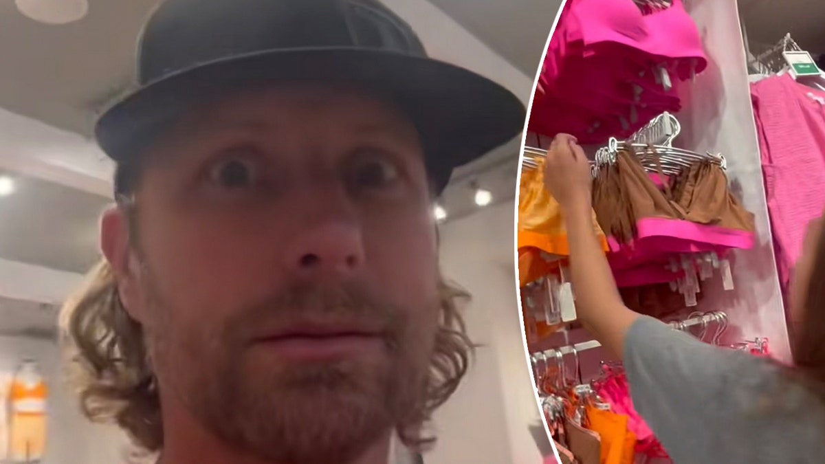 Dierks Bentley looks scared in a store with his daughter shopping for bras split his daughter points to colorful bras