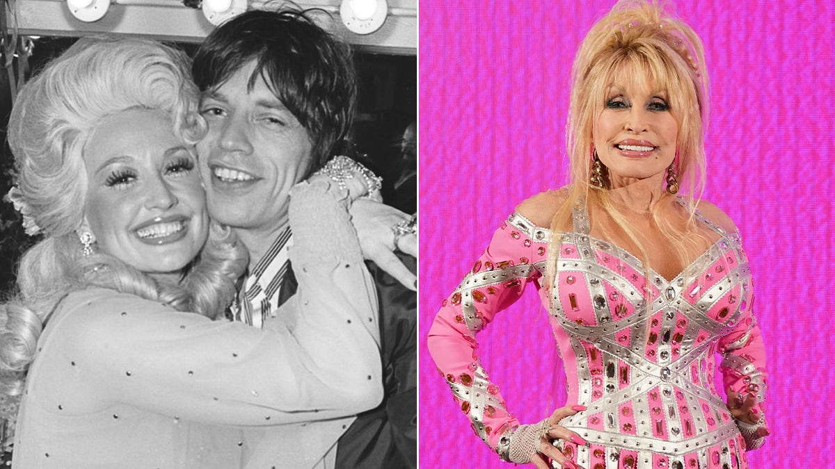 A split image of Dolly Parton with Mick Jagger in 1977 and Dolly Parton now.