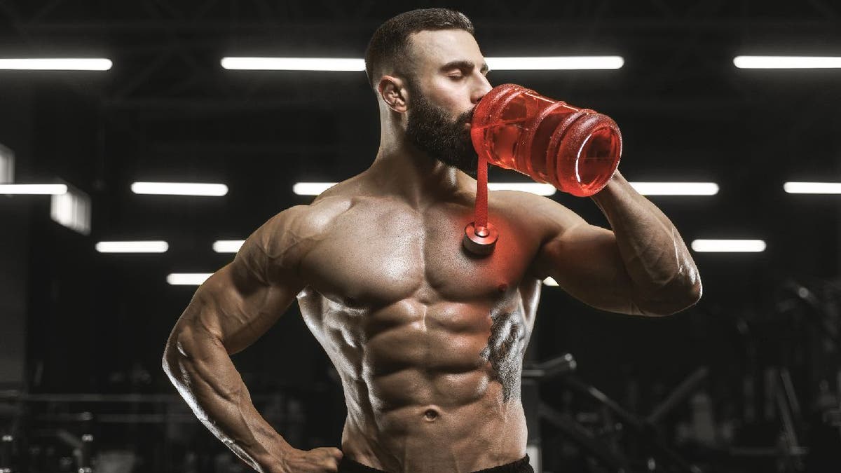 Male bodybuilder drinks from large water bottle.