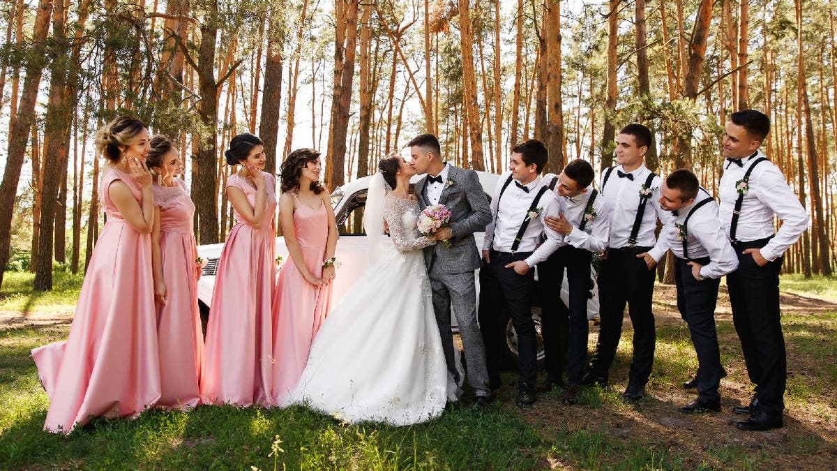 Full wedding party poses outside with bride, groom, bridesmaids and groomsmen.