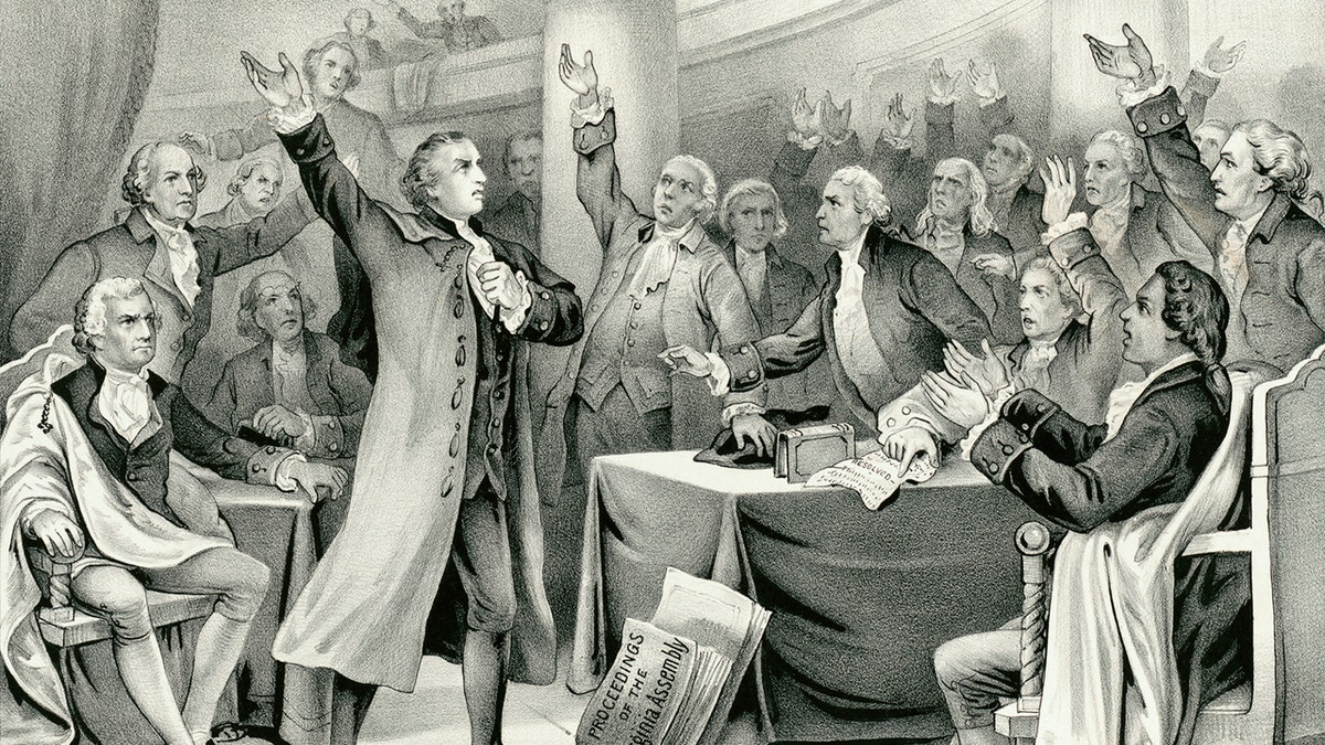 Vintage illustration features Patrick Henry delivering his speech on the rights of the colonies, before the Virginia Assembly, convened at Richmond, on March 23, 1775, concluding with "Give Me Liberty or Give Me Death" — which became the war cry of the American Revolution.
