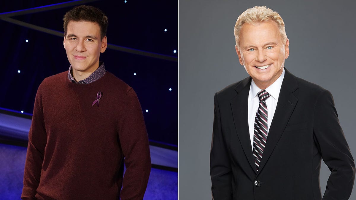 A split image of James Holzhauer and Pat Sajak