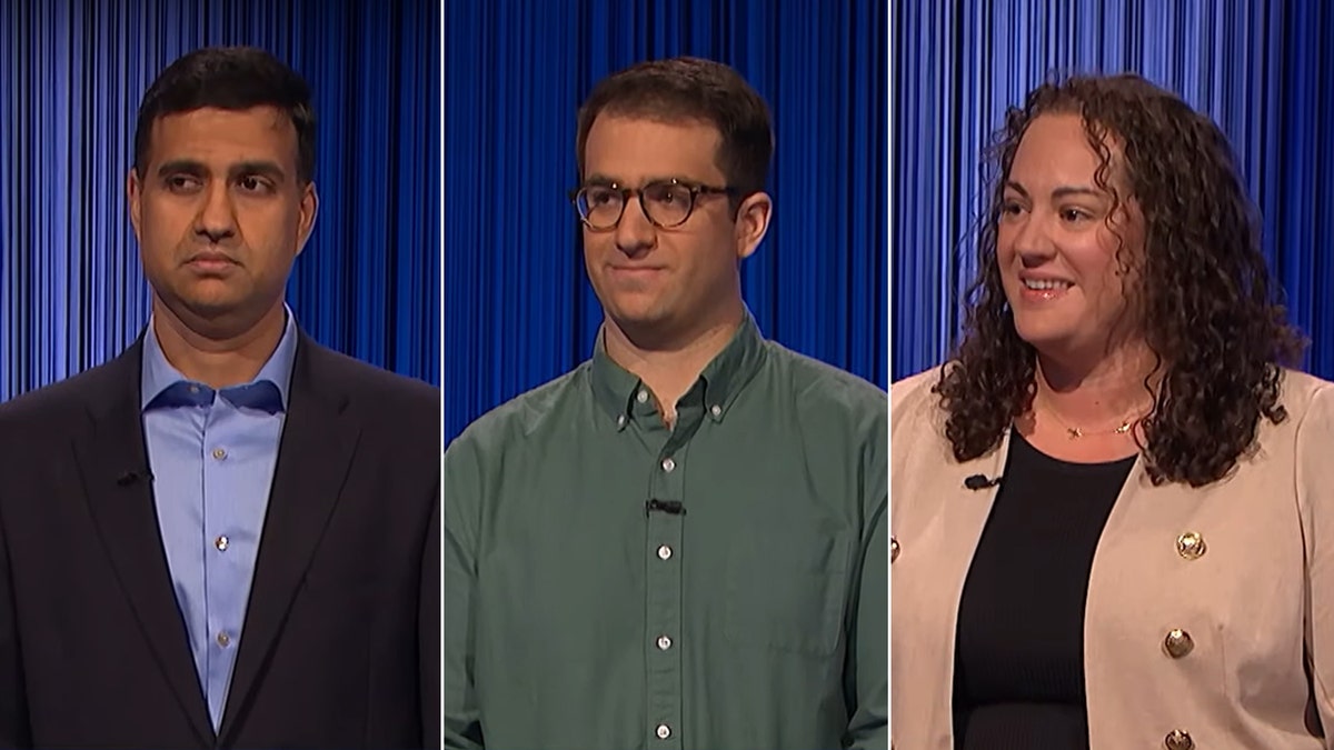 Three contestants from "Jeopardy!" all look slightly to the right on stage