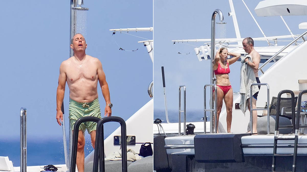 jerry seinfeld showering on yacht jerry smoking a cigar while jessica takes a photo of him