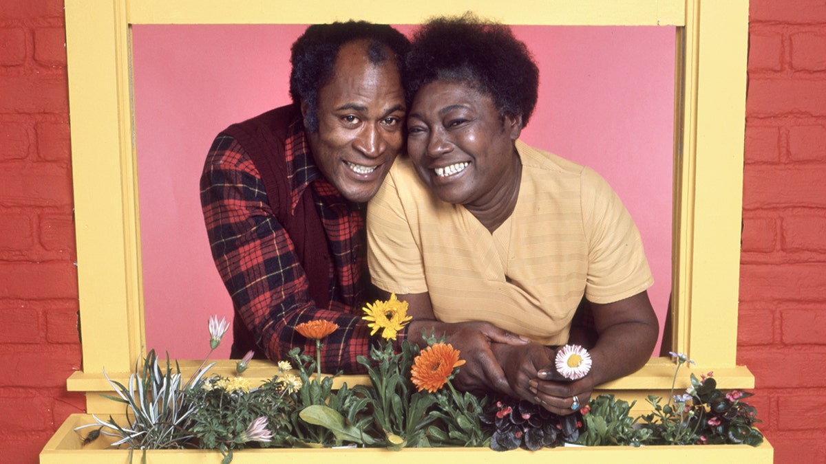 john amos and esther rolle stand in yellow window sill for good times ad