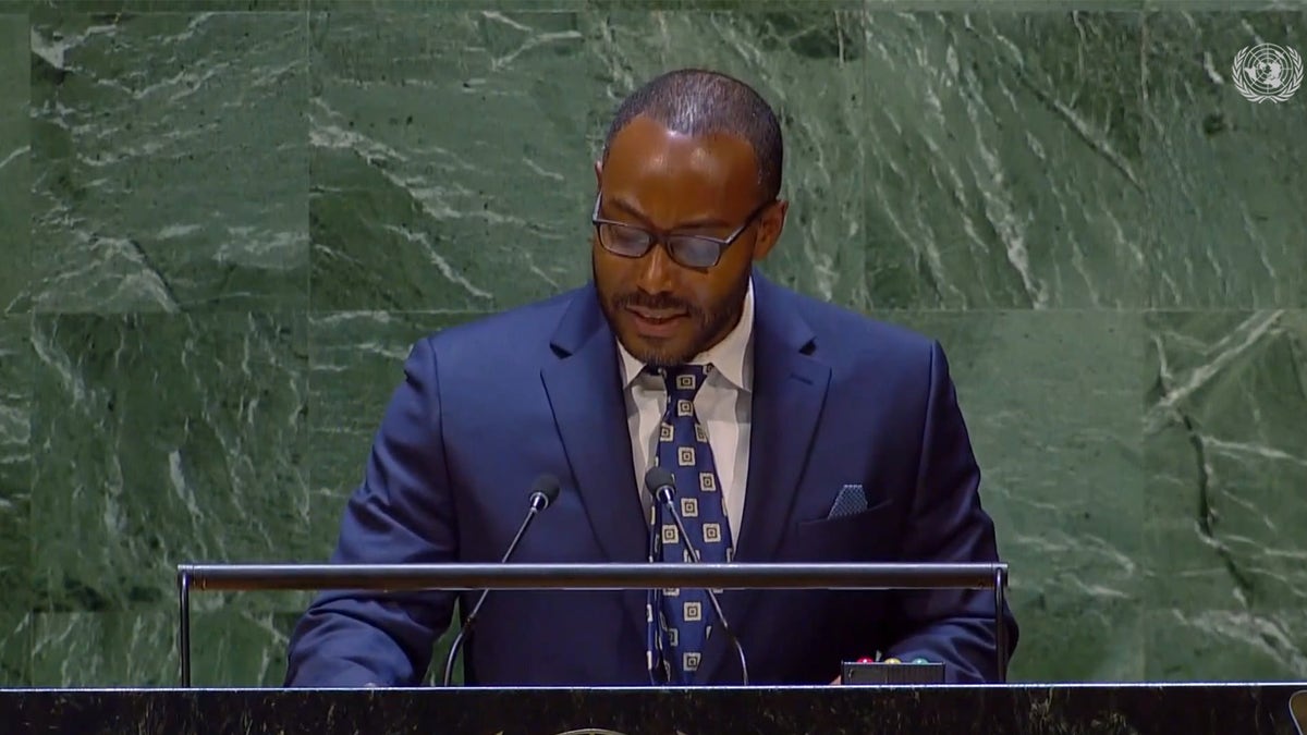 a photo of justin hansford addressing the UN