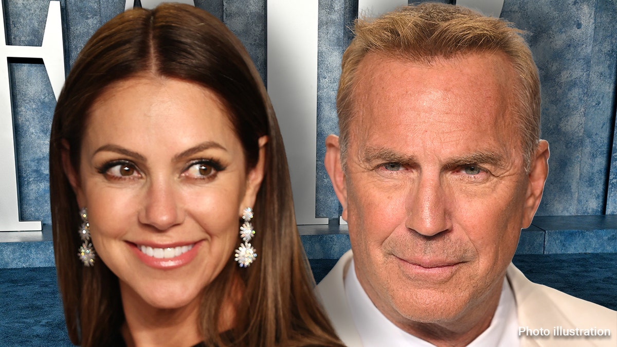 photo illustration - Christine Baumgartner Costner smiles and looks toward her left and Kevin Costner in a white tuxedo looks semi-serious over a background of the Vanity Fair afterparty