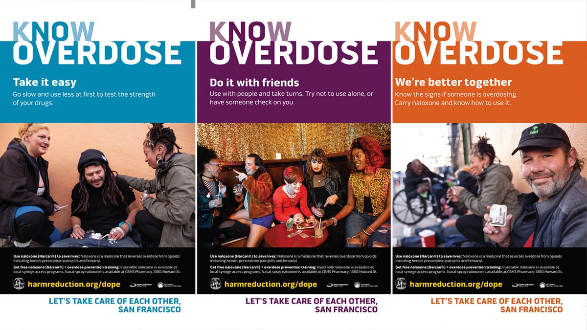 Posters say "Know Overdose" and depict people using drugs