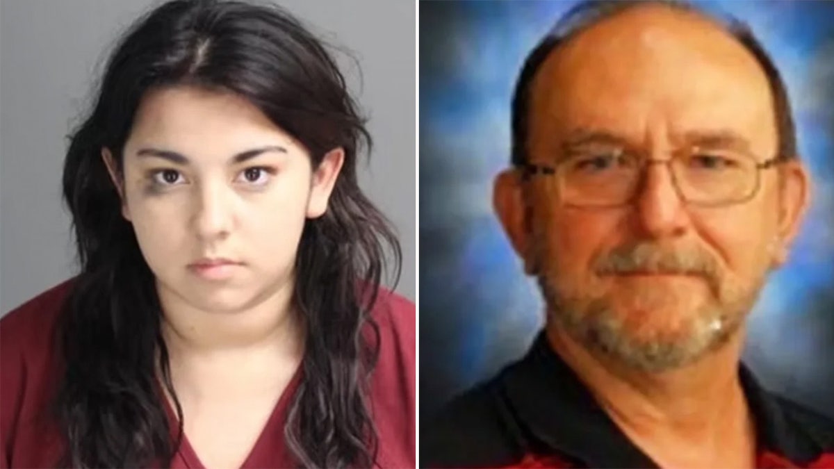 Booking photo of Megan with a black eye next to a portrait of her father wearing glasses.