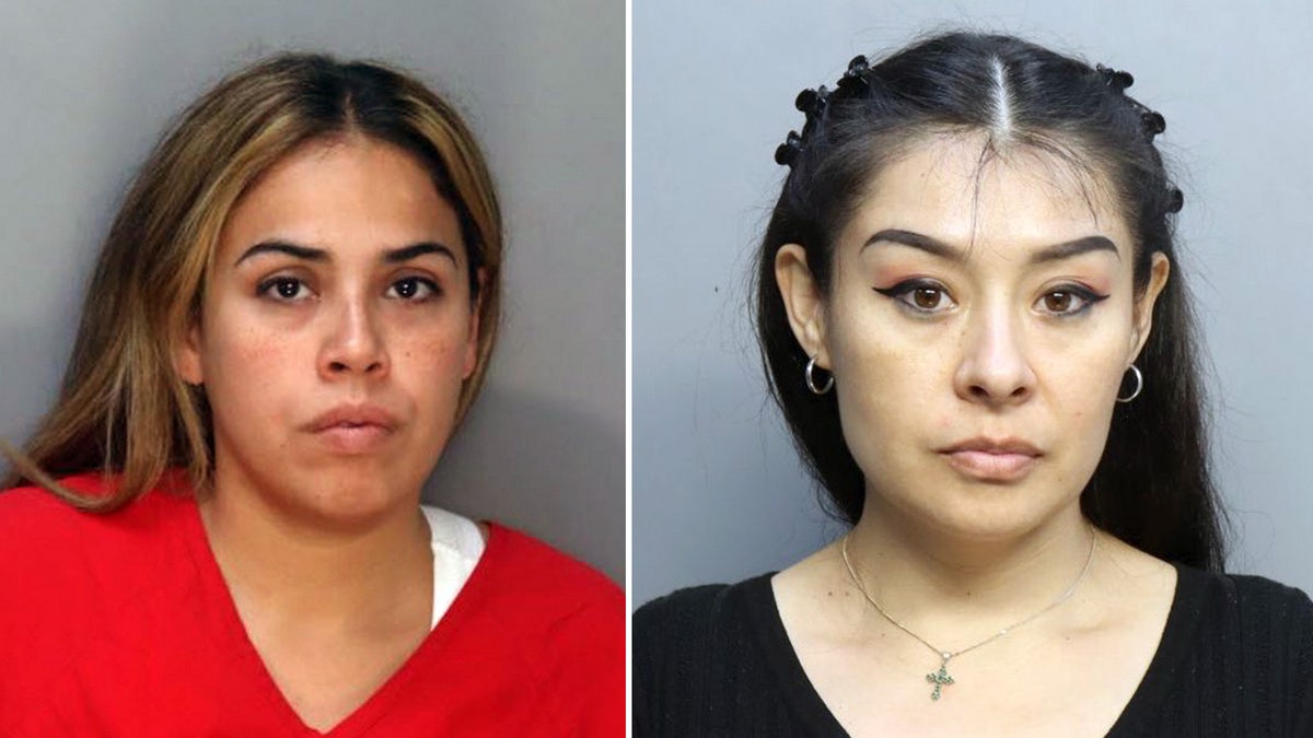 Booking photos show Anna Elicia Perez in a red shirt and Mila Zuloaga with her hair pulled back in braids.