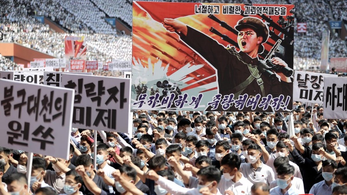 The pictured rally is in Pyongyang