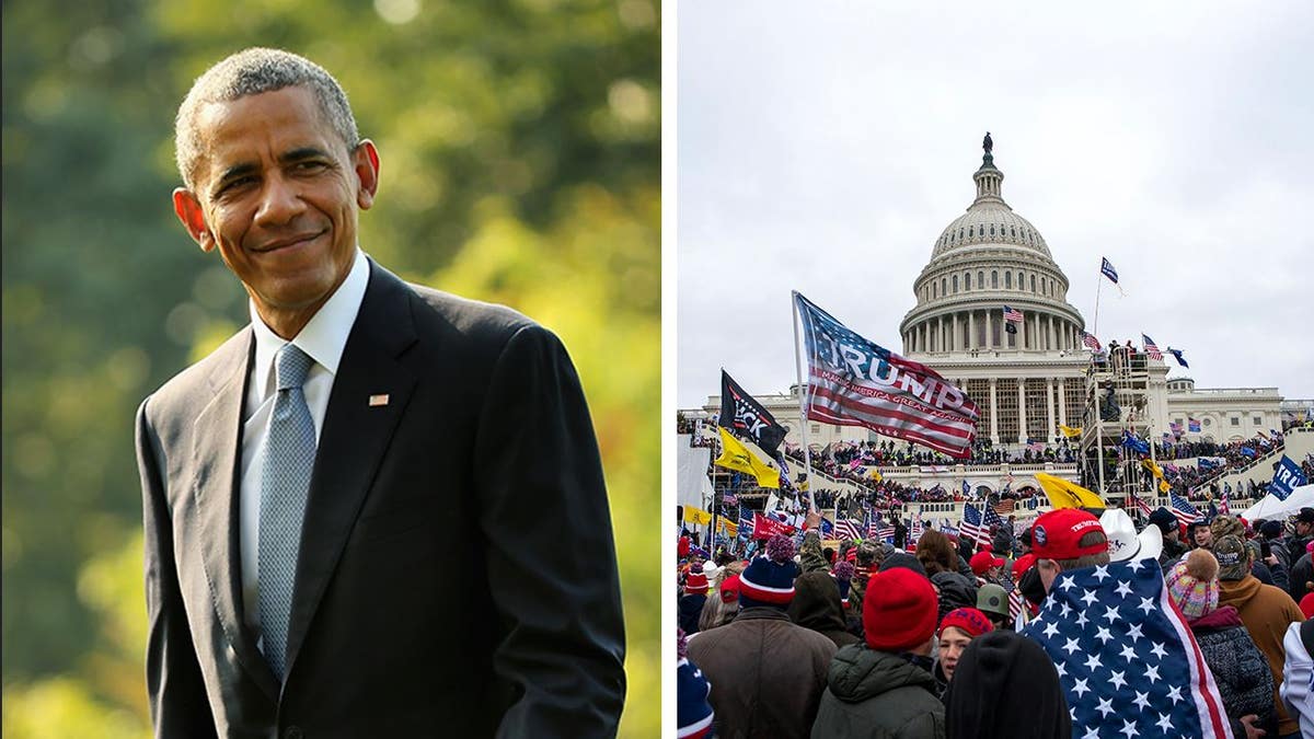 A split photo of Obama and Jan. 6