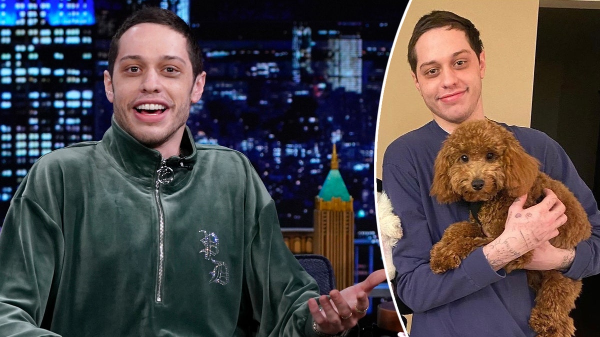 Pete Davidson in a green velour tracksuit on "The Tonight Show with Jimmy Fallon" inset photo of him holding his dog