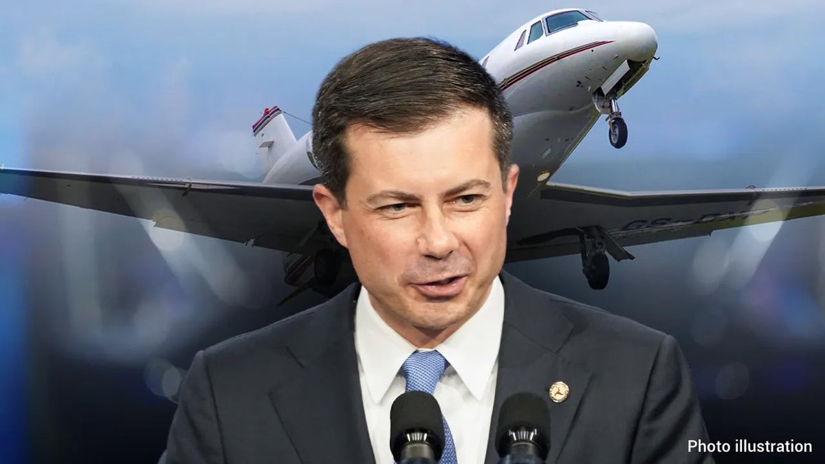 Photo illustration of Buttigieg and an airplane