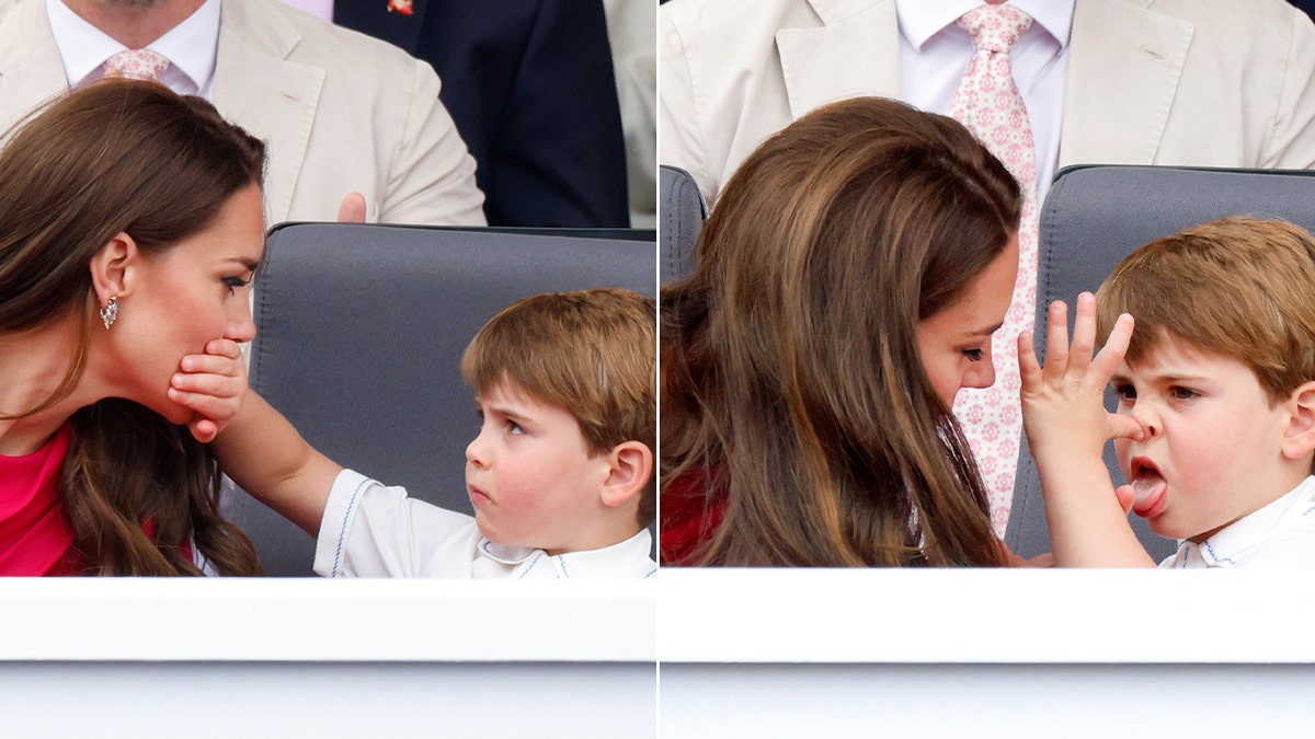 Prince Louis shushes his mother, by putting a hand over her mouth split he makes a funny face and sticks out his tongue