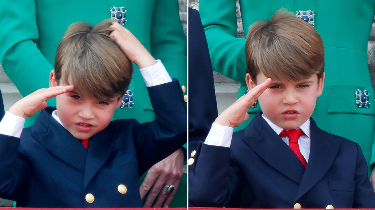 Prince Louis holds his hair and starts to make a salute split Prince Louis salutes the crowd on the balcony of Buckingham Palace