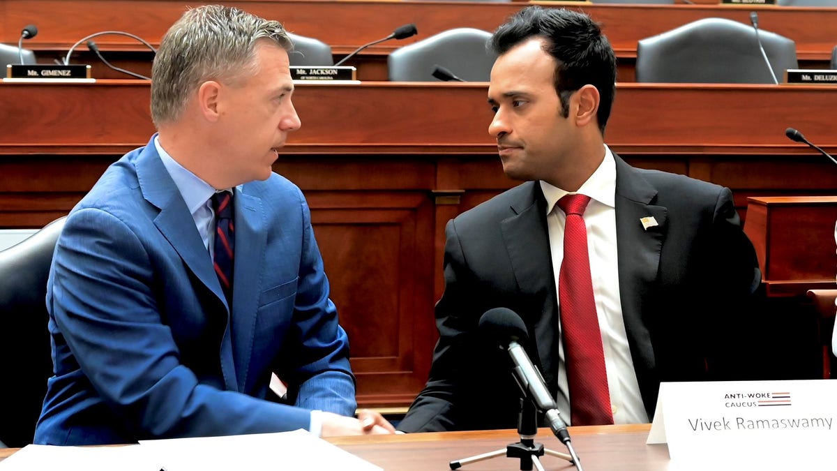 Jim Banks speaking with Vivek Ramaswamy