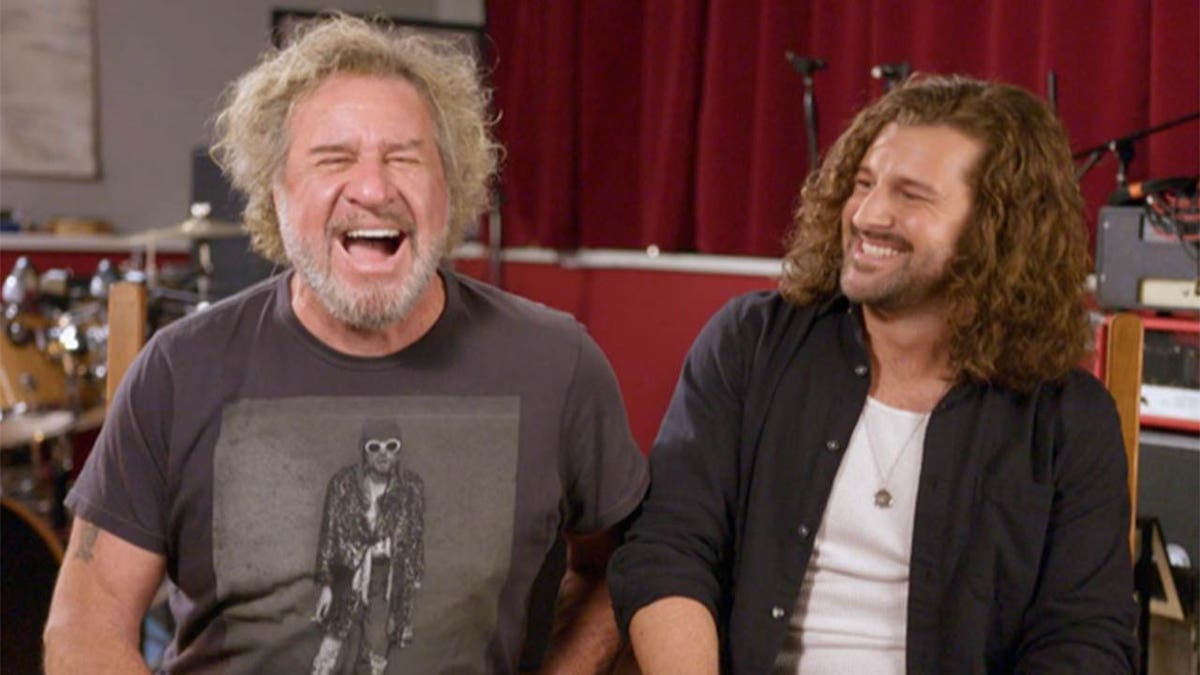 sammy hagar and son andrew laughing in music studio
