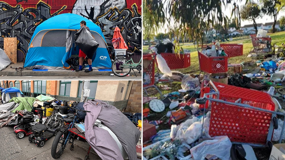 Three photos of tents, bicycles, abandoned shopping carts and piles of trash in San Diego