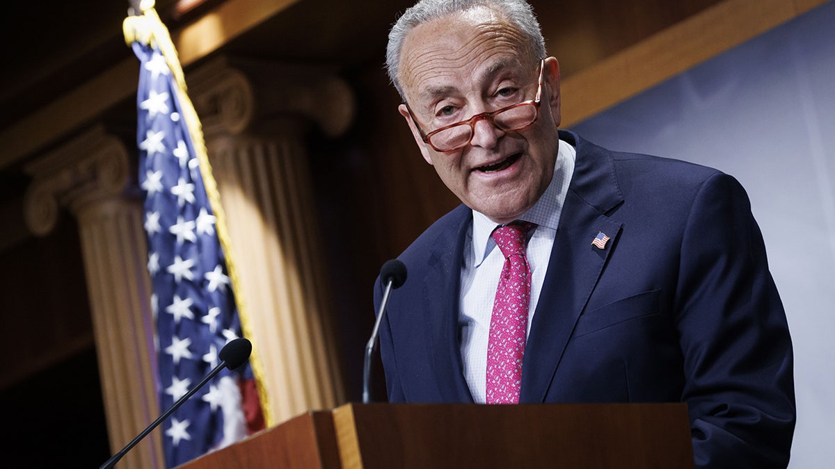 Senate Majority Leader Chuck Schumer speaks at a podium