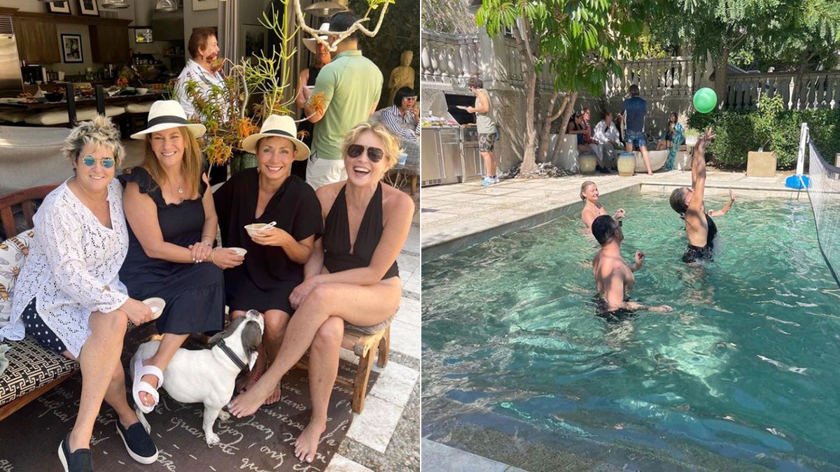 Sharon Stone lounging poolside with friends split with her playing volleyball