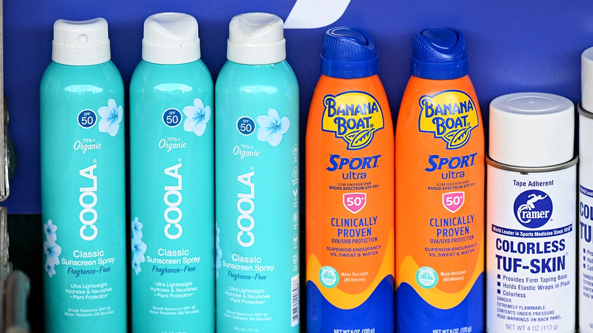 Different kinds of sunscreen at a store