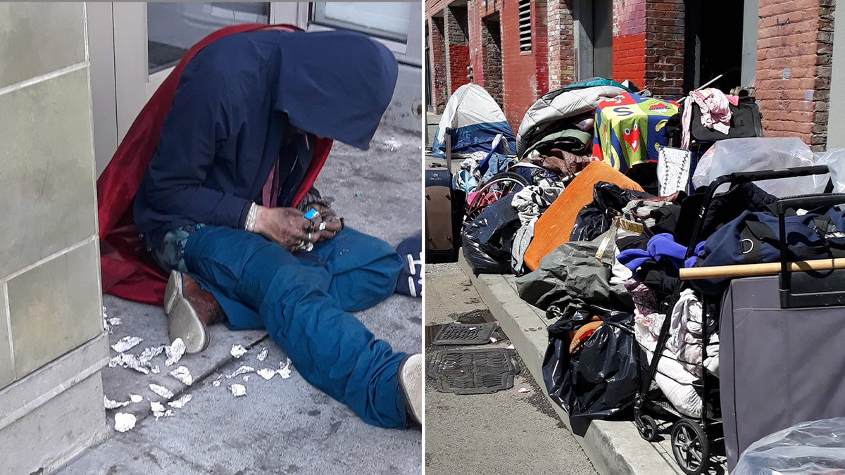 Pictures show a man slumped on the sidewalk next to scattered foils, and a row of tents on a sidewalk