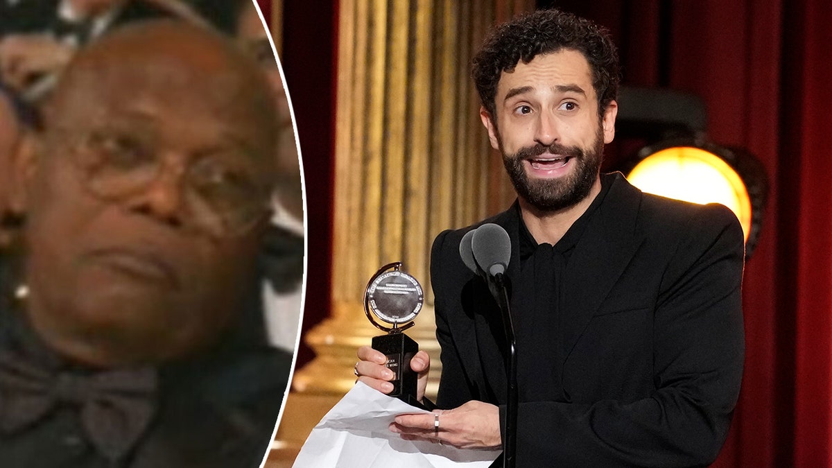 Samuel L. Jackson at the Tony Awards looks less than thrilled split Brandon Uranowitz on stage after winning the Tony Award