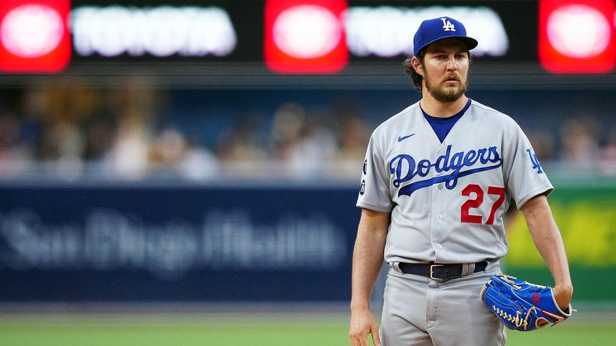 Trevor Bauer pitches for the Dodgers