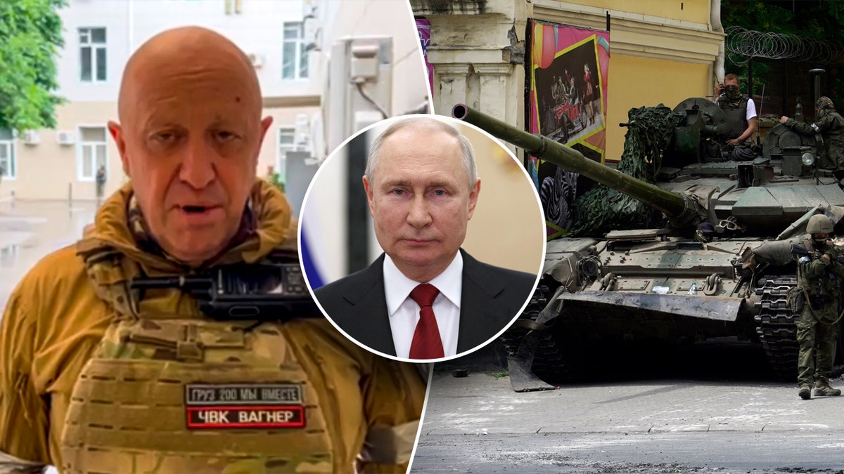 A split image shows Wagner Group chief Yevgeny Prigozhin, Vladimir Putin, and a tank in the Russian city of Rostov-on-Don
