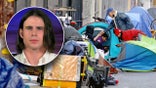 Gen Z activist's face superimposed over tent-lined sidewalk in San Francisco