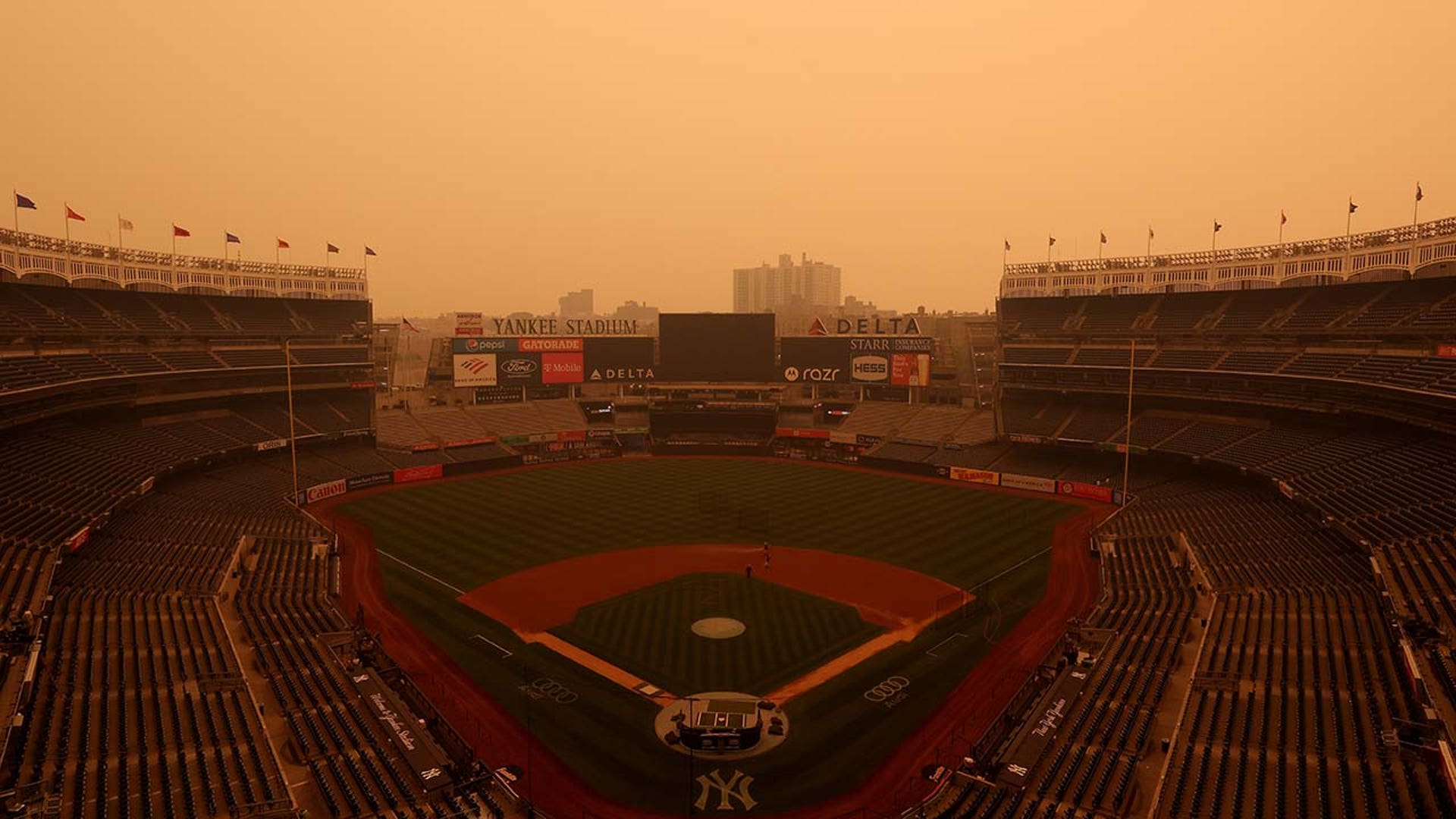 Yankee Stadium covered in smoke