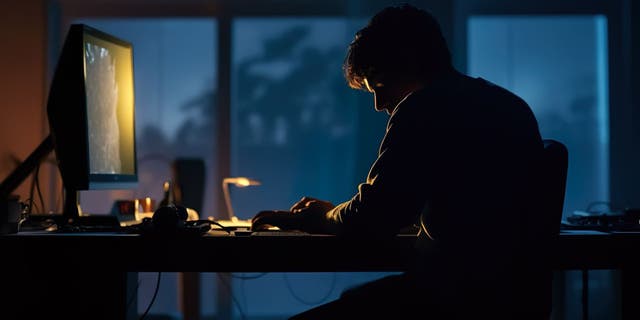 Man sitting in the dark looking at his desktop.