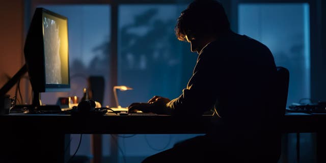Man sitting in the dark looking at his desktop.