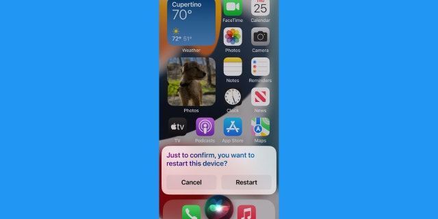 Screenshot of Siri confirming to restart phone
