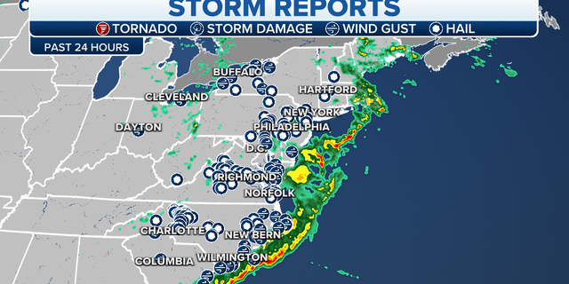 A map of storm reports on the East Coast