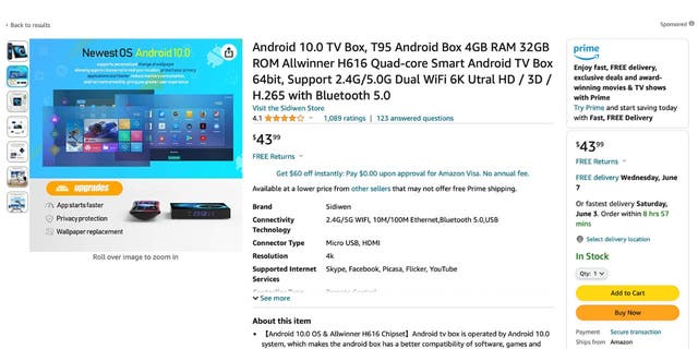 halaman pembelian Android TV di Amazon