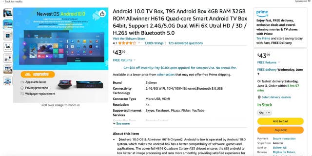 Android TV purchase page on Amazon