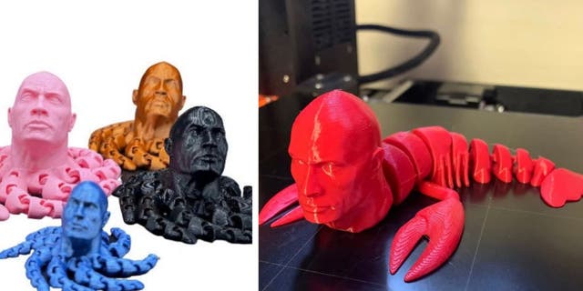 3-D prints of Dwayne Johnson, the actor's head on an octopus or lobster body