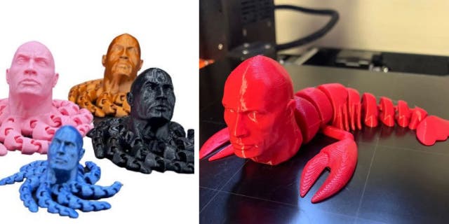 Aktörün kafası ahtapot veya ıstakoz gövdesi üzerinde olan Dwayne Johnson'ın 3 boyutlu baskıları